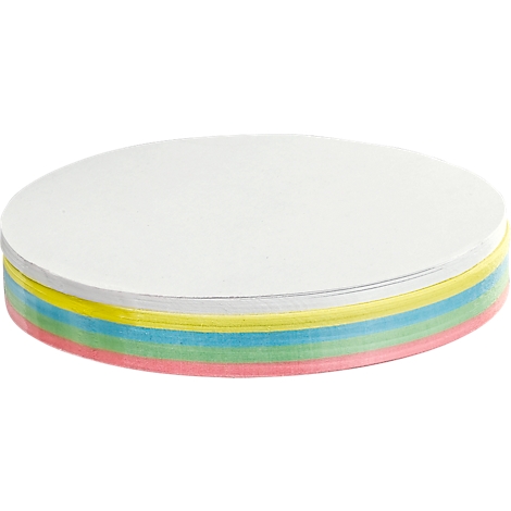Stack of round paper sheets in various colors: white, yellow, blue, green, pink.