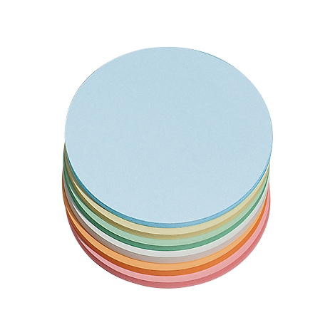 A stack of various colored round papers.