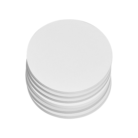 A stack of white, circular paper filters. The circles are neatly arranged on top of each other.
