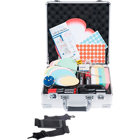 Silver case filled with colorful papers, pens, and brochures. Two black shoulder straps in front.