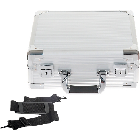 Silver aluminum case with handle and black shoulder strap.