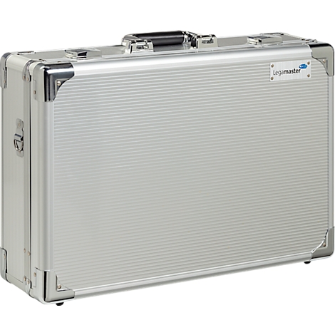 Silver aluminum case with black handle and logo.