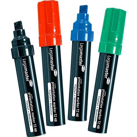 Four Legamaster jumbo presentation markers in black, red, blue, and green.