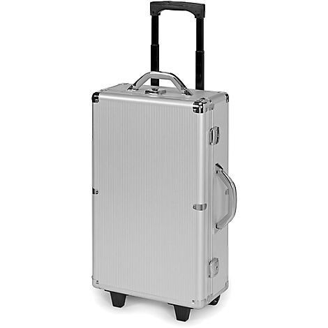 A silver rolling suitcase with a black handle and wheels.