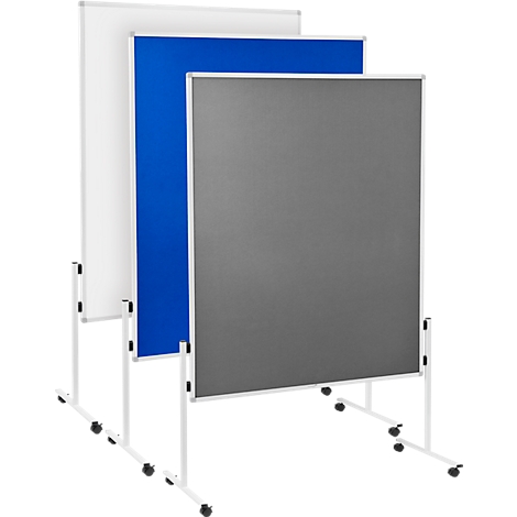 Three mobile display boards of different colors. White, blue, and gray, all mounted on casters.