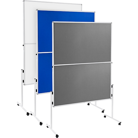 Three different mobile pinboards with wheels: white, blue, and gray. The pinboards are set up in a bright room.