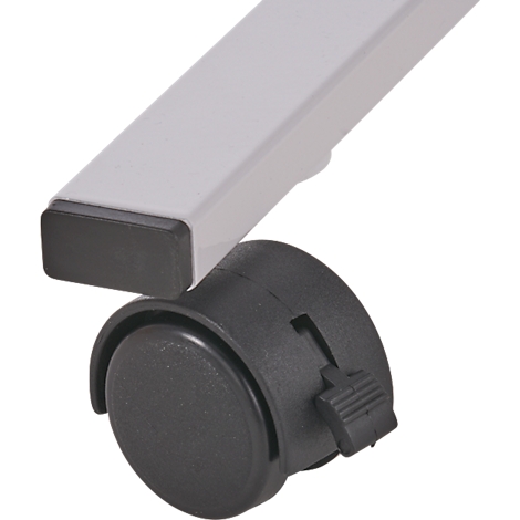 Close-up of a furniture caster attachment. A black wheel with a locking mechanism is attached to a white, rectangular leg.