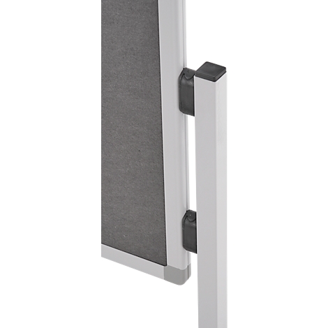 Grey fabric panel held by a white metal frame. Black clamps connect it to a white metal post.