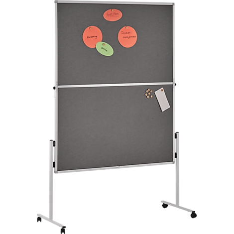 Grey, mobile whiteboard with sticky notes and pinboard elements.
