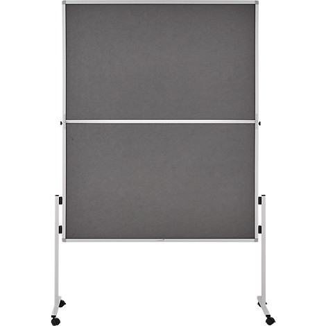 Grey, mobile pinboard. A white frame surrounds the pinboard, which stands on a white frame with castors.