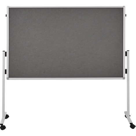 Grey mobile notice board with white frame and wheels.