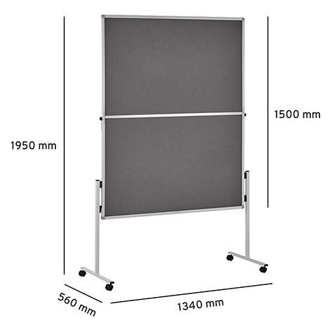 Gray, mobile partition with dimensions, 1950 mm high and 1340 mm wide.