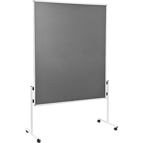 Large grey pinboard on wheels with white frame.