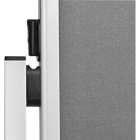 Close-up: Corner connection with black plastic between white metal and grey fabric.