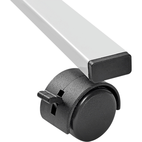 Close-up: White table leg with black caster. The pin mechanism of the caster is visible.