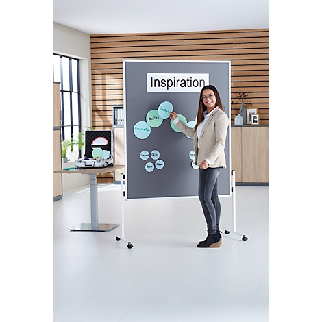 A woman presents in front of a flipchart. The flipchart says "Inspiration". Around it are circles with keywords.