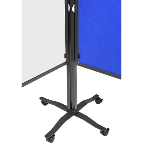 Black mobile whiteboard with blue and white sections. The board is mounted on a sturdy, black base.