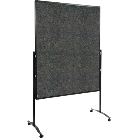 A black pinboard on wheels standing at an angle.