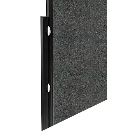 Close-up of a black, rectangular partition with gray felt surface and white fasteners.