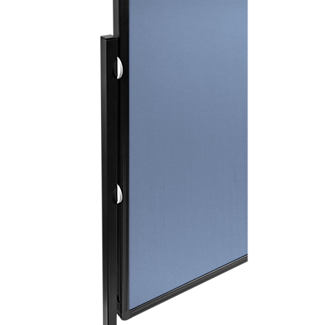 Close-up of a blue privacy screen with black frame and details.