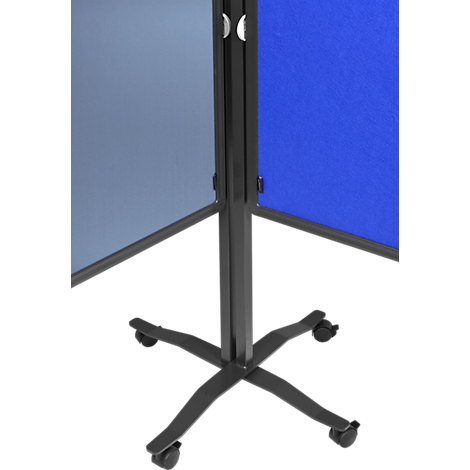 Three-part screen with castors. Blue and gray fabric surfaces are held by black profiles.