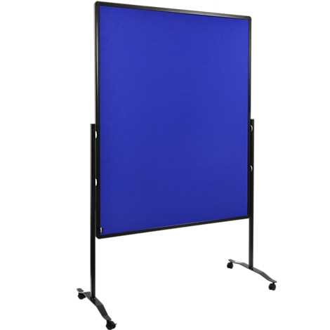 Blue, freestanding whiteboard with black frame and wheels.