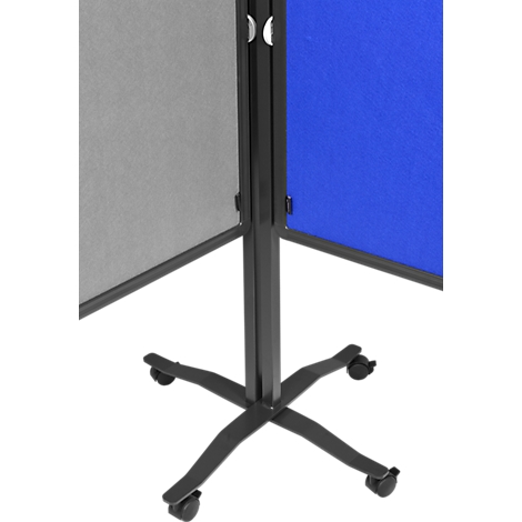 Grey and blue partitions, connected by a black column, stand on a black base with castors.