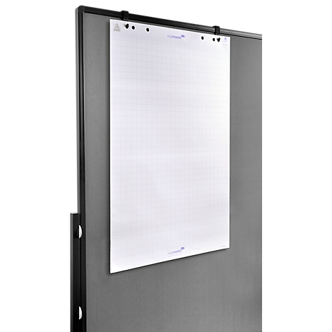 A white, checkered sheet of paper hangs on a dark frame.