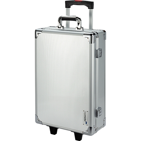 Silver trolley tool case with retractable handle and two wheels.