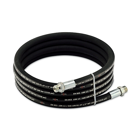 A black hydraulic hose, coiled, with silver connectors and markings.