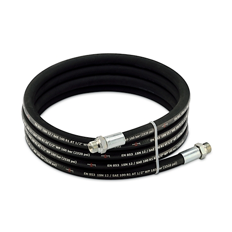 Coiled black hose with metallic connectors. Text is visible on the hose.