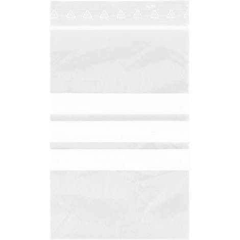 Transparent empty plastic bag with zip closure and white stripes.