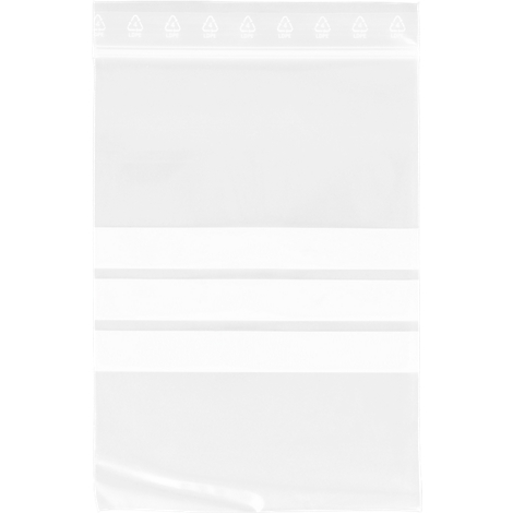 Transparent document sleeve with plastic closure and recycling symbols.