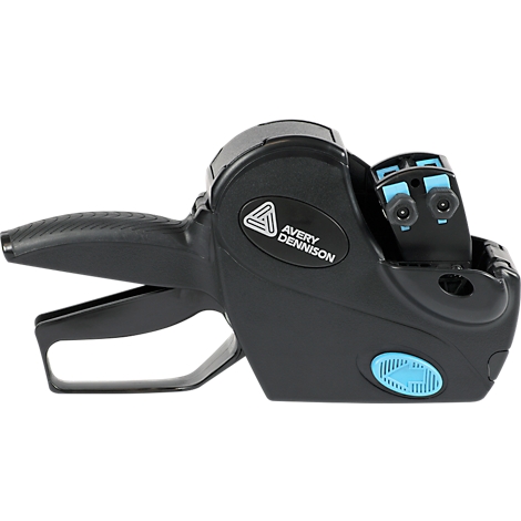 Black price marker with blue accents, with the inscription 'Avery Dennison'.