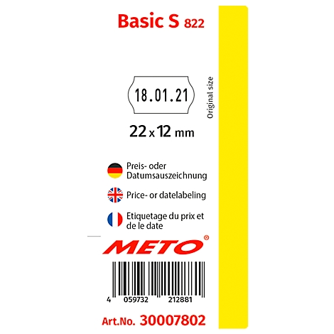 Etiket met rode tekst "Basic S 822", datum 18.01.21, maat informatie, meertalige tekst voor prijs- en datumetikettering, barcode en artikelnummer.