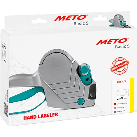 Grijze en groene labeler METO Basic S in de verpakking. Opdrukken: Meto, Basic S, Hand Labeler.