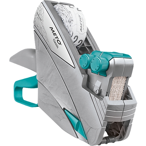 Grijs en blauwgroene Meto Classic etiketteermachine. Opdruk: Meto Classic, 22. Witte etiketten op de rol.