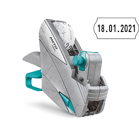 Grijze etiketteermachine met turquoise accenten. Op het etiket staat "METO Classic". Aan de rand een stempel met de datum 18.01.2021.