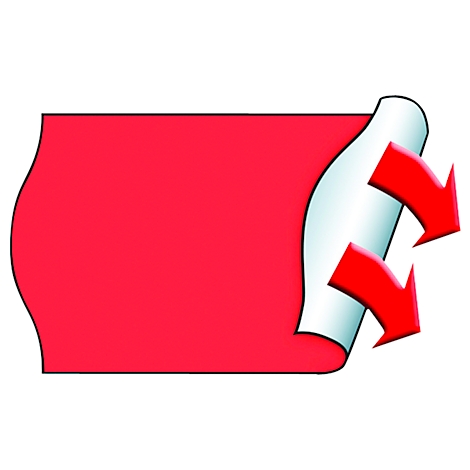 Rode, opgerolde folie, gedeeltelijk afgepeld. Rode pijlen geven de richting aan.