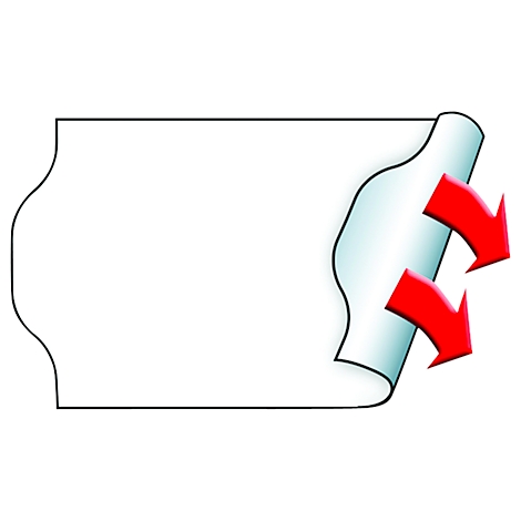 Op een witte achtergrond een wit rechthoekig label met afgeronde hoeken, waarvan de bovenhoek omhoog komt. Twee rode pijlen geven de beweging aan.