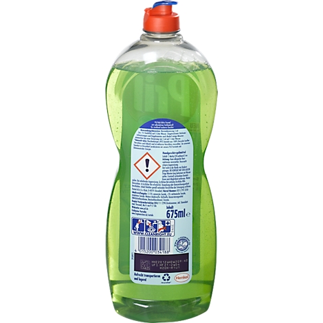 Green dish soap bottle. Stickers with warning symbols and text. Content: 675 ml.