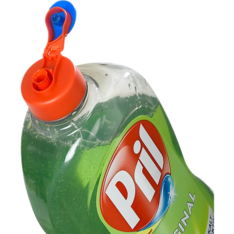 Close-up of a Pril dish soap bottle with a red lid and blue closure. The word Pril Original is visible.