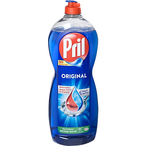 Blue dish soap bottle with red spray head. "Pril" lettering. Inscription "Original".