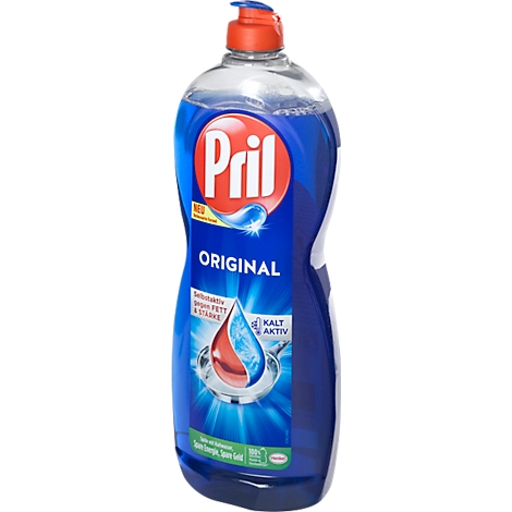 A blue Pril Original dish soap bottle with a red cap and print.