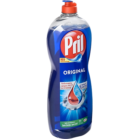 Blue dish soap bottle with red and white lettering "Pril Original".