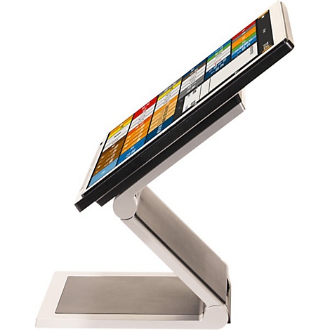 Tablette sur un support blanc, l'écran affiche des icônes d'applications. Le support a une forme de Z.