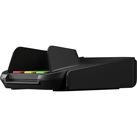 Lecteur de carte de crédit noir. Il y a des boutons colorés sur le dessus.