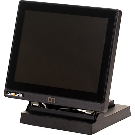 Schwarzer, quaderförmiger Thermodrucker, Ansicht von vorne, oben Papierauslass, rechts Ein-/Ausschalter, Logo-Aufkleber.