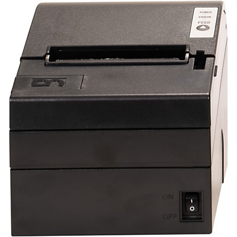 Schwarzes Touchscreen-Terminal mit Standfuß, vor weißem Hintergrund. Das Display ist ausgeschaltet. Logo am Rahmen.