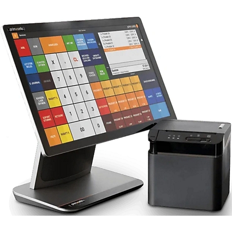 Ein Touchscreen-Kassensystem mit Drucker. Auf dem Bildschirm sind farbige Felder und Zahlen zu sehen.